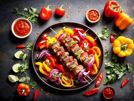 AI generated shish kebab with colorful bell peppers served with ketchup, top view photo