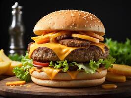 AI generated Big double cheddar cheeseburger with chicken cutlet photo