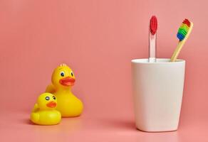 Two toothbrush and duck toy, copy space. Personal care tool for protect oral cavity, remove plaque and tartar. photo