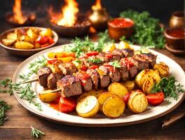 AI generated side view meat kebab with grilled potatoes and vegetables with sauce photo