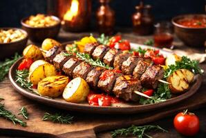 ai generado lado ver carne brocheta con A la parrilla patatas y vegetales con salsa foto