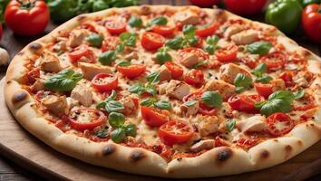 AI generated chicken pizza with tomato and bell pepper photo
