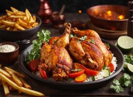 AI generated Tandoori chicken is a chicken dish prepared by roasting chicken with french fry photo