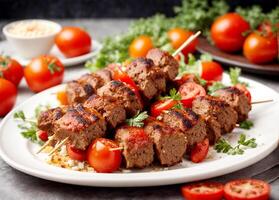 AI generated shick kebab on skewers with tomato and paper in white plate withe a background photo