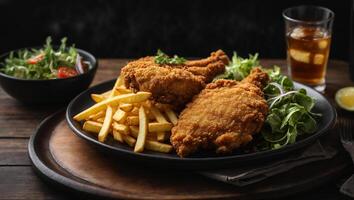 ai generado frito pollo y francés papas fritas con ensalada en negro plato foto