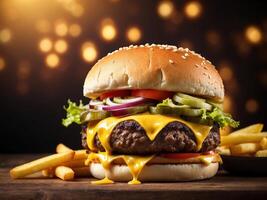 AI generated Delicious juicy homemade cheeseburger with fries on the side with a nice background photo