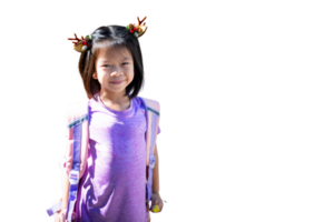 Young Girl with Reindeer Antlers and carrying a Backpack, Asian cheerful little Kid wearing purple clothes and reindeer antler hair pin, isolated background. png