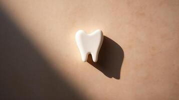 AI generated Human tooth against stone beige background with shadow cast by strong light photo