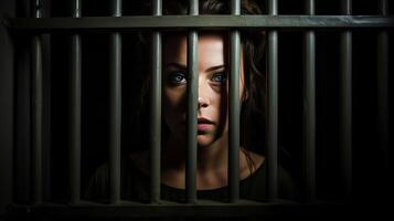 AI generated Sorrowful female inmate sad behind bars desperately asking to released from custody photo