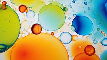 AI generated Mesmerizing colorful oil stains and vibrant bubbles as dynamic abstract background, top view photo