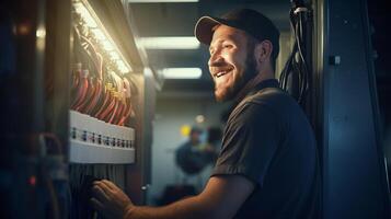 ai generado sonriente electricista, hermoso y experto, soluciona problemas interruptor automático panel foto