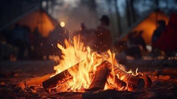 AI generated Warm cozy campfire flames dance in dusk with tent camping background inviting atmosphere for camping photo