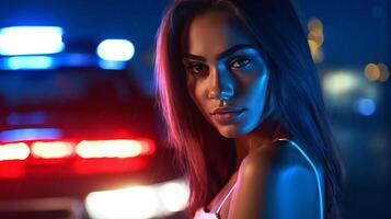 AI generated Pretty escort girl sex worker nighttime street portrait in flashing lights of police car photo