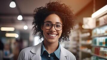 AI generated Courteous smiling black female pharmacist in white coat assists clients in pharmacy providing advice photo