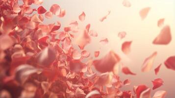 AI generated Red rose petals gently falling in soft sunlight, fragile feminine background photo