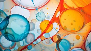 AI generated Mesmerizing colorful oil stains and vibrant bubbles as dynamic abstract background, top view photo