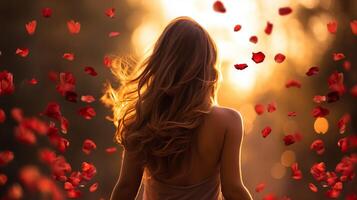 AI generated Back view of long haired young girl stands bathed in sunlight under red rose petals gently cascade photo