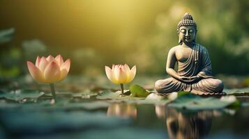 AI generated Meditative Buddha statue surrounded by blooming lotuses in calm waters of pond photo