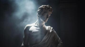 AI generated Ancient antique statue of male person in mystical haze on gloomy dark background, beautiful statue photo