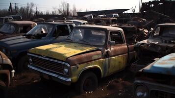 AI generated Car dump with old rusting vehicles forming graveyard of abandoned cars, passage of time photo