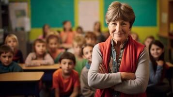 ai generado retrato de medio Envejecido hembra profesor sonrisas con brazos cruzado en salón de clases lleno de niños foto