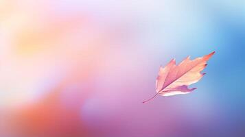 AI generated Single autumn leaf gently fall against vivid colorful minimalistic backdrop, copy space photo