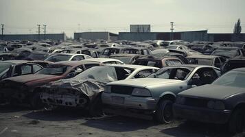 ai generado coche tugurio con antiguo oxidando vehículos formando cementerio de abandonado carros, paso de hora foto