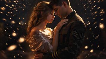 AI generated Soldier holds his beloved girl tightly, loving couple under blurry drops of rain and snow photo