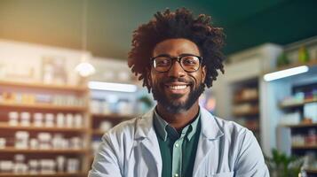 AI generated Courteous smiling black pharmacist in white coat assists clients in pharmacy providing advice photo