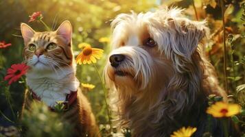 AI generated Endearing cat and cute dog in green garden among thick grass and flowers, basking in warmth photo