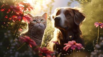 AI generated Endearing cat and cute dog in green garden among thick grass and flowers, basking in warmth photo