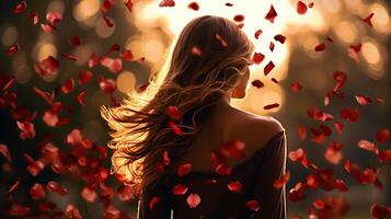 AI generated Back view of long haired young girl stands bathed in sunlight under red rose petals gently cascade photo