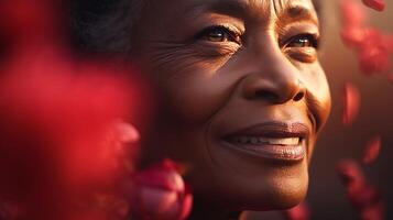 AI generated Red rose petals delicately cascade onto middle aged black woman face in close up portrait photo