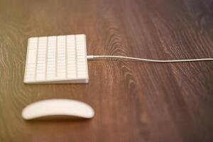 Keyboard and mouse on office table. Modern minimal workplace for study. Empty copy space. photo