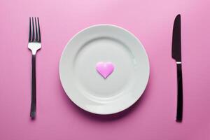 esperando un plato favorito en un restaurante o cafetería. corazón en plato con tenedor y cuchillo. amantes reunidos en un almuerzo diario. foto