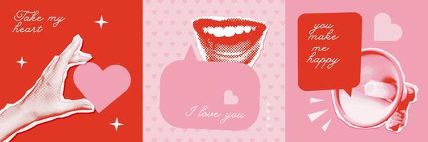 Retro riso Valentine's day collage square covers set. Contemporary art mixed media with halftone hand, megaphone, female mouth. Retro vector illustration with paper stickers.