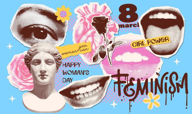 Trendy vintage collage torn out stickers set in grunge style. Halftone lips, eyes, heart, flower and antique female bust. Retro newspaper and torn paper. Elements for banners, social media. Vector.