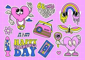 Retro Groovy Valentine's day characters stickers set with love lettering. Fun heart cartoon mascots. Hippie valentine Sticker pack in trendy contour doodle cartoon style. Hippy 90s neon style. Vector