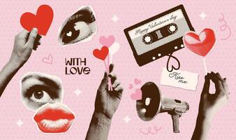Halftone retro collage elements set in trendy punk grunge style. Paper sticker collection with dotted hand, heart, eye, mouth, loudspeaker. Concept of relationship, love, romance, Valentines day. vector