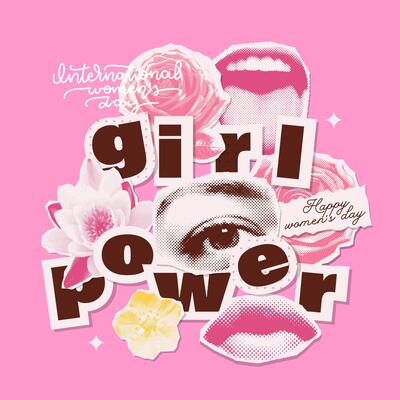 Girl power greeting card vintage halftone design. 8 march