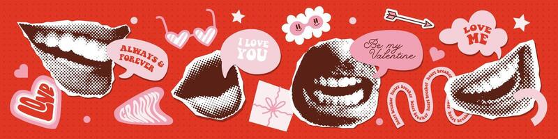 Groovy Valentines day collage elements set. Retro halftone mouth with speech bubbles and funny quote. design elements. Open speaking lips. Pop art dotted style. Vintage newspaper parts. Vector