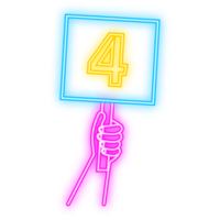 Cartoon card with jury rate. Neon icon. Hands holding score cards with numbers. png