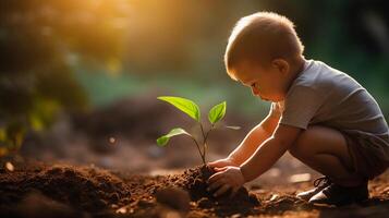 ai generado pequeño chico cuidadosamente plantas árbol árbol joven en suelo de luz de sol jardín creando reconfortante escena foto