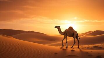 AI generated Lone camel stands of searing heat sandy desert watches at setting sun, camel symbolizes struggle photo