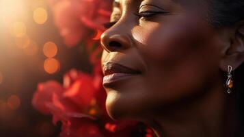 AI generated Red rose petals delicately cascade onto middle aged black woman face in close up portrait photo