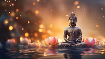 ai generado meditativo Buda estatua rodeado por floreciente lotos en calma aguas de estanque foto