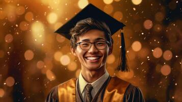 AI generated Happy asian young guy wearing graduation cap and gown, smiling guy beams with happiness photo