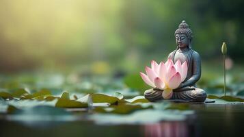 ai generado meditativo Buda estatua rodeado por floreciente lotos en calma aguas de estanque foto