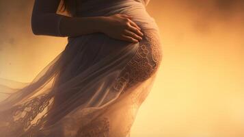 AI generated Close up view to woman hands gently cradling her pregnant belly amidst misty fog photo