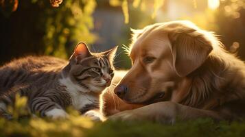 AI generated Endearing cat and cute dog lie side by side on sun drenched grass, basking in warmth and harmony photo